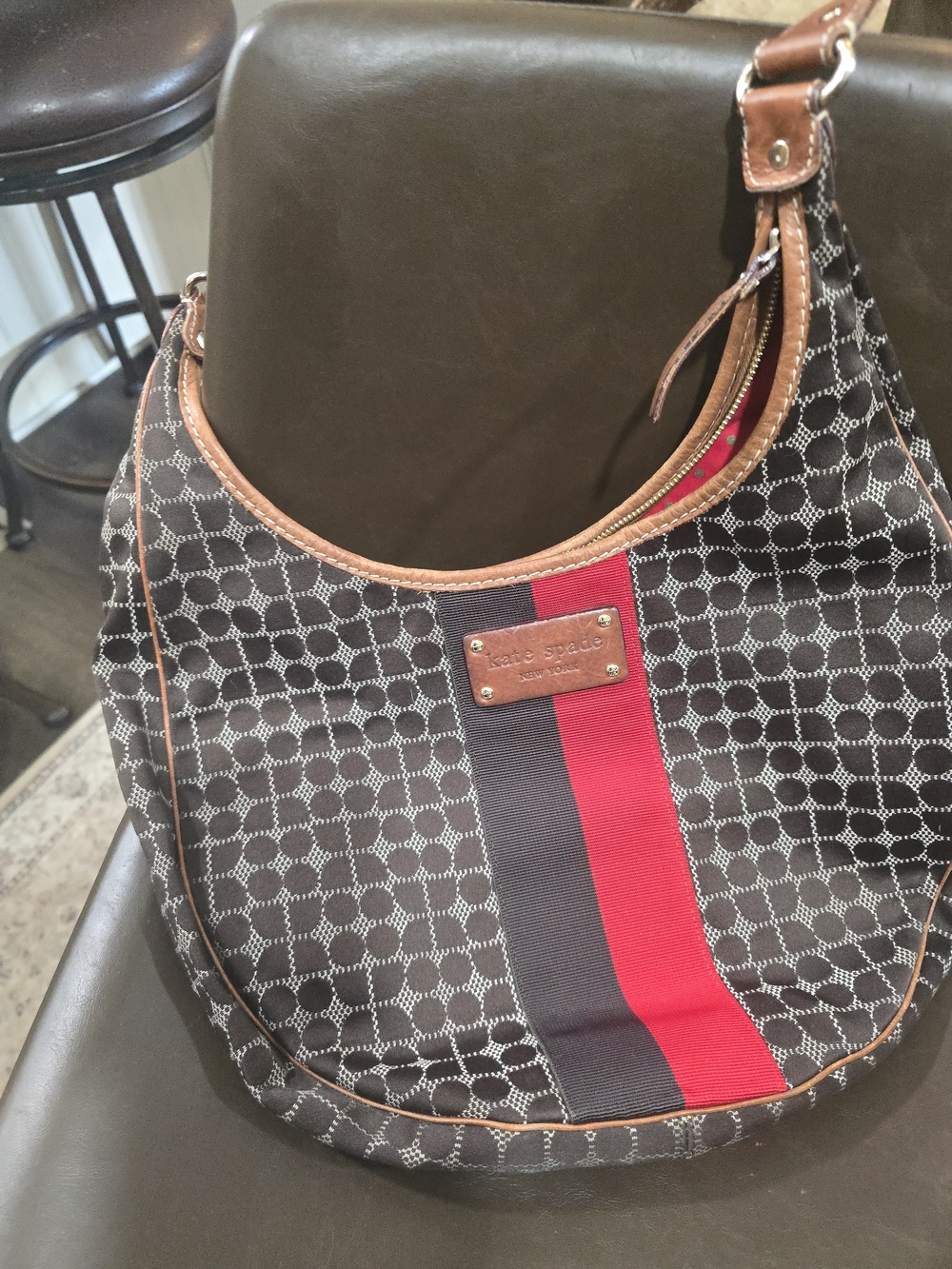 kate spade Brown Shoulder Bag with Red & Black Stripe